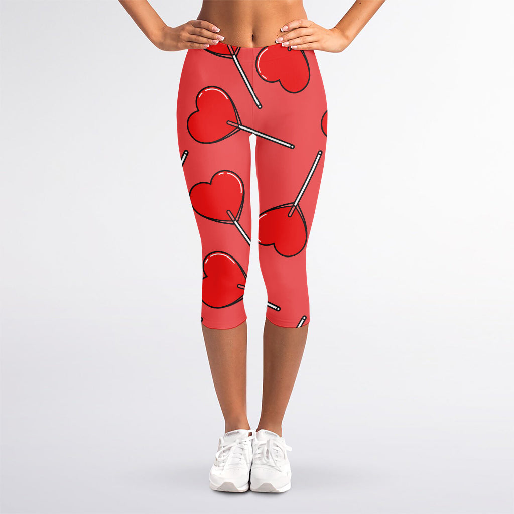 Red Heart Lollipop Pattern Print Women's Capri Leggings