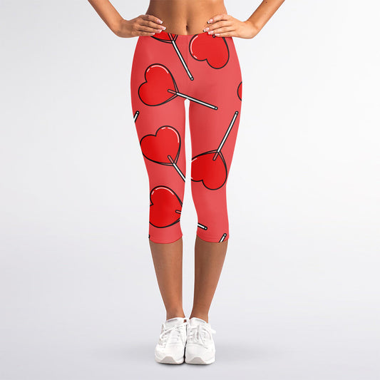 Red Heart Lollipop Pattern Print Women's Capri Leggings