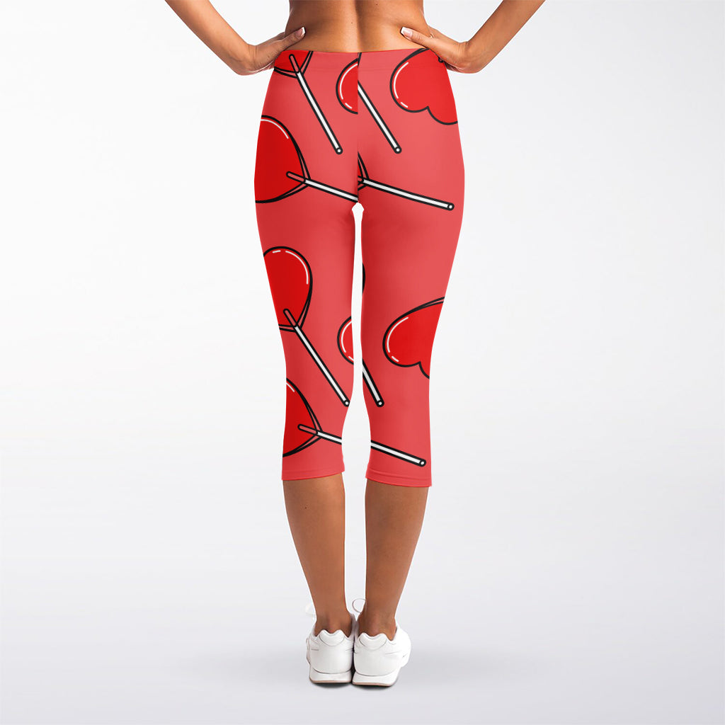 Red Heart Lollipop Pattern Print Women's Capri Leggings