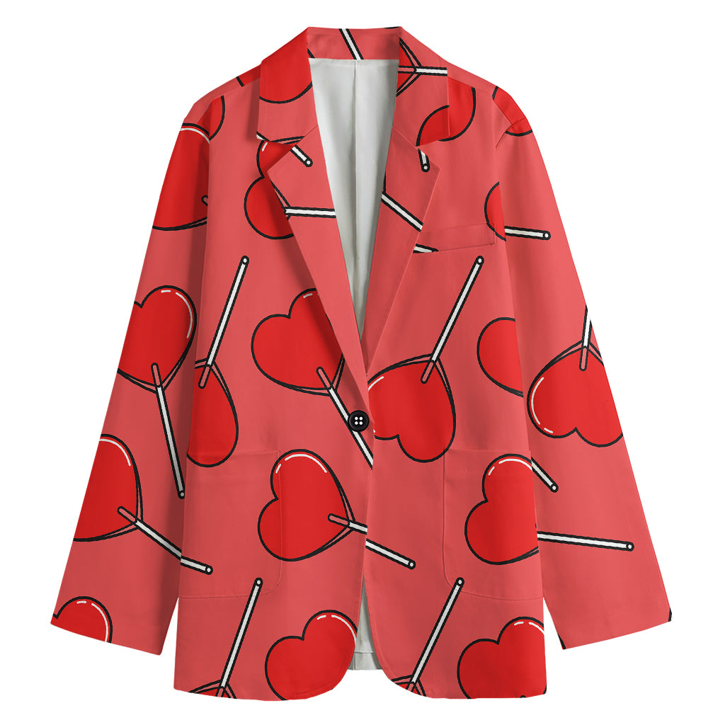 Red Heart Lollipop Pattern Print Women's Cotton Blazer