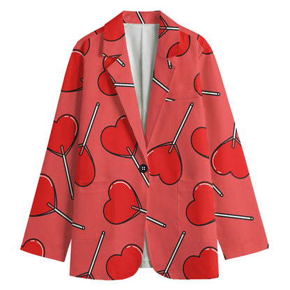 Red Heart Lollipop Pattern Print Women's Cotton Blazer