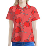 Red Heart Lollipop Pattern Print Women's Polo Shirt