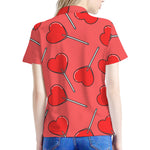 Red Heart Lollipop Pattern Print Women's Polo Shirt