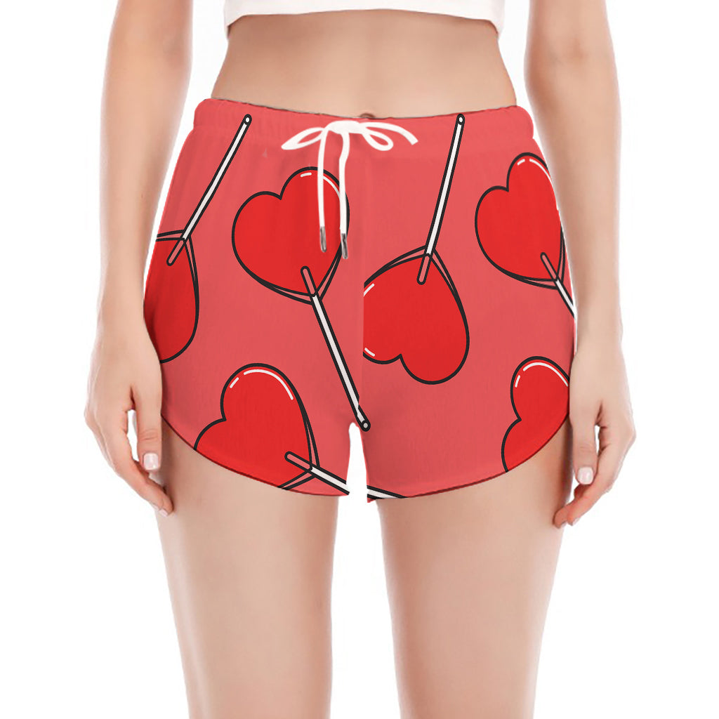 Red Heart Lollipop Pattern Print Women's Split Running Shorts