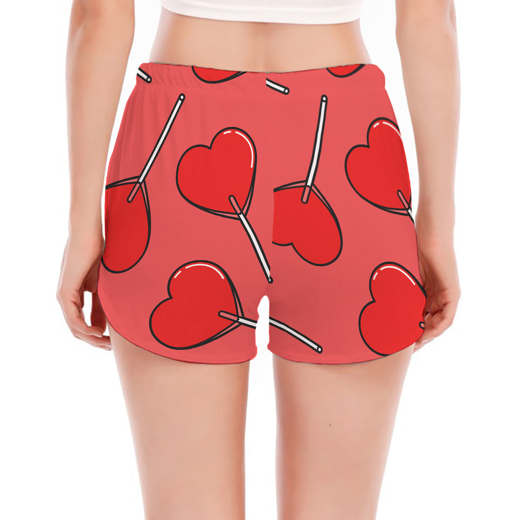 Red Heart Lollipop Pattern Print Women's Split Running Shorts