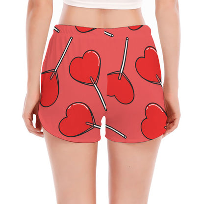 Red Heart Lollipop Pattern Print Women's Split Running Shorts