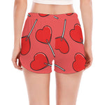 Red Heart Lollipop Pattern Print Women's Split Running Shorts
