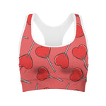 Red Heart Lollipop Pattern Print Women's Sports Bra