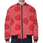 Red Heart Lollipop Pattern Print Zip Sleeve Bomber Jacket