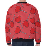 Red Heart Lollipop Pattern Print Zip Sleeve Bomber Jacket