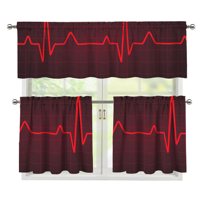 Red Heartbeat Print 3 Piece Kitchen Curtains