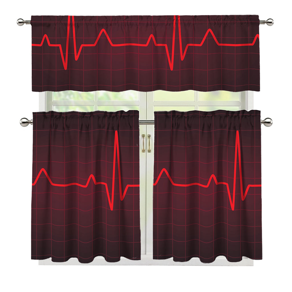 Red Heartbeat Print 3 Piece Kitchen Curtains