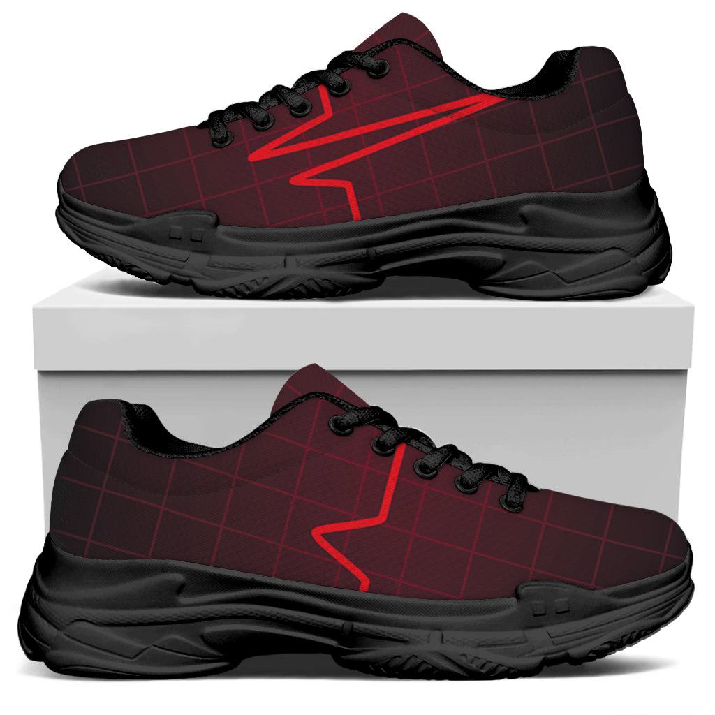 Red Heartbeat Print Black Chunky Shoes