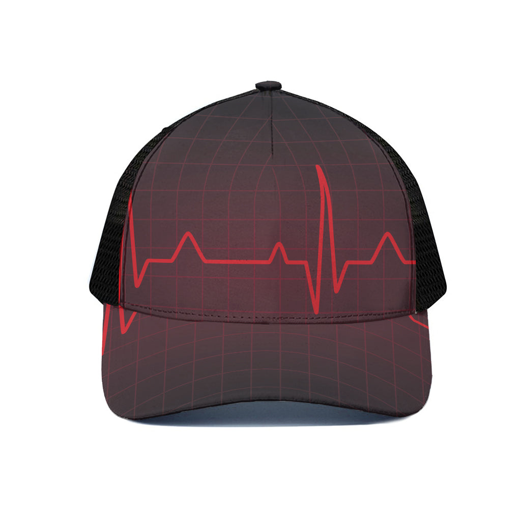 Red Heartbeat Print Black Mesh Trucker Cap