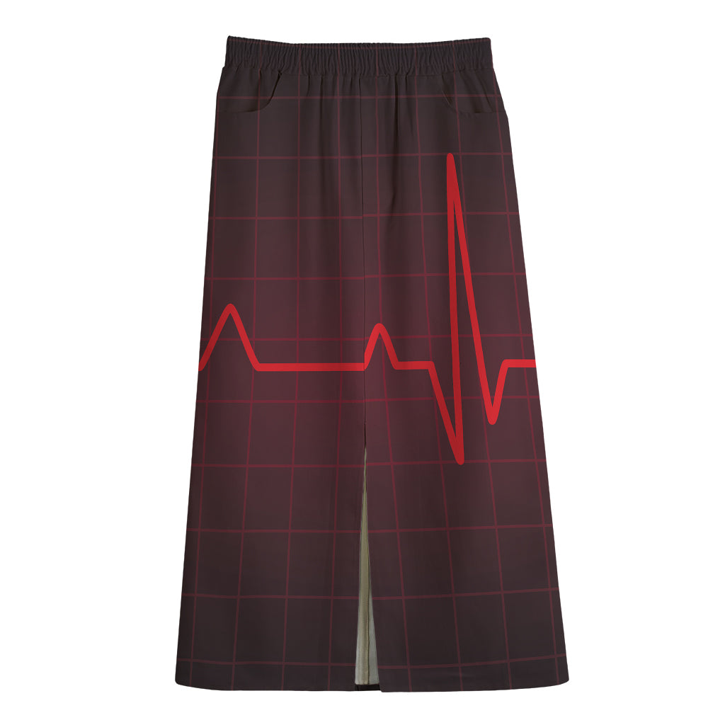 Red Heartbeat Print Cotton Front Slit Maxi Skirt