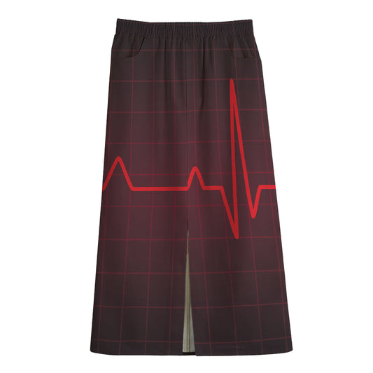 Red Heartbeat Print Cotton Front Slit Maxi Skirt