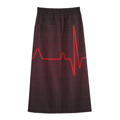 Red Heartbeat Print Cotton Front Slit Maxi Skirt