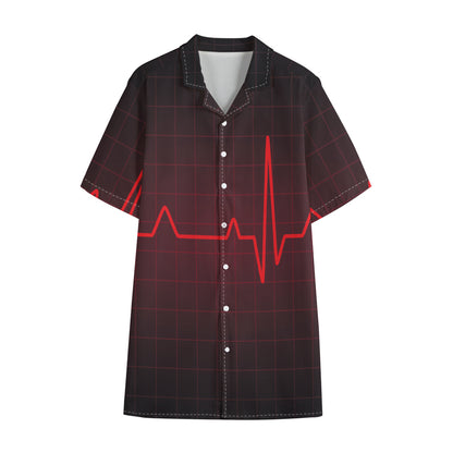 Red Heartbeat Print Cotton Hawaiian Shirt