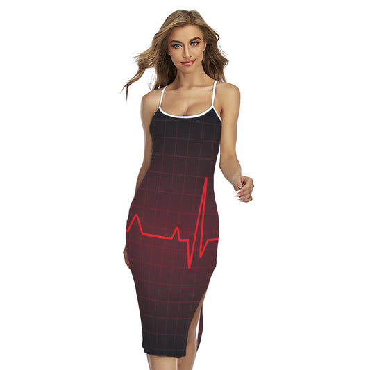 Red Heartbeat Print Cross Back Cami Dress