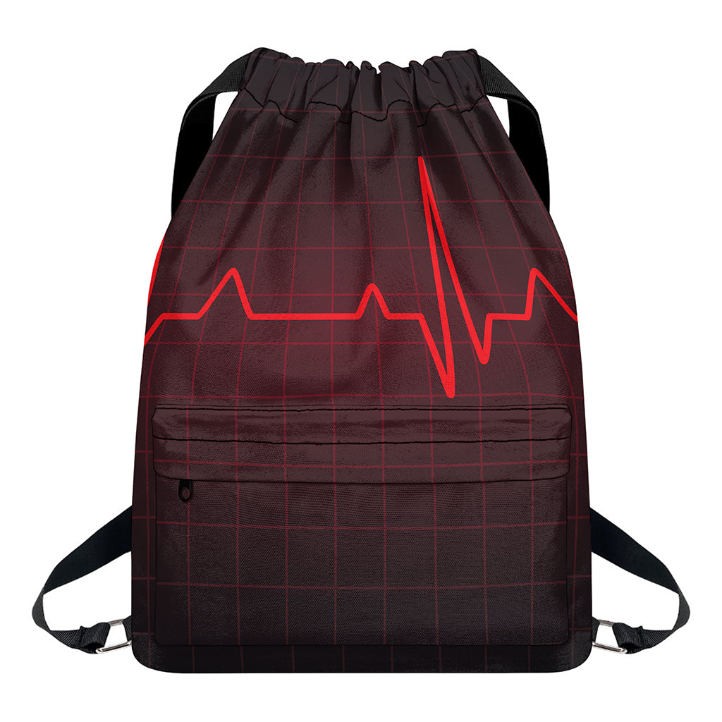 Red Heartbeat Print Drawstring Backpack
