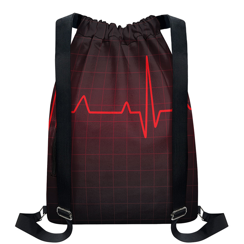 Red Heartbeat Print Drawstring Backpack