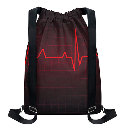 Red Heartbeat Print Drawstring Backpack