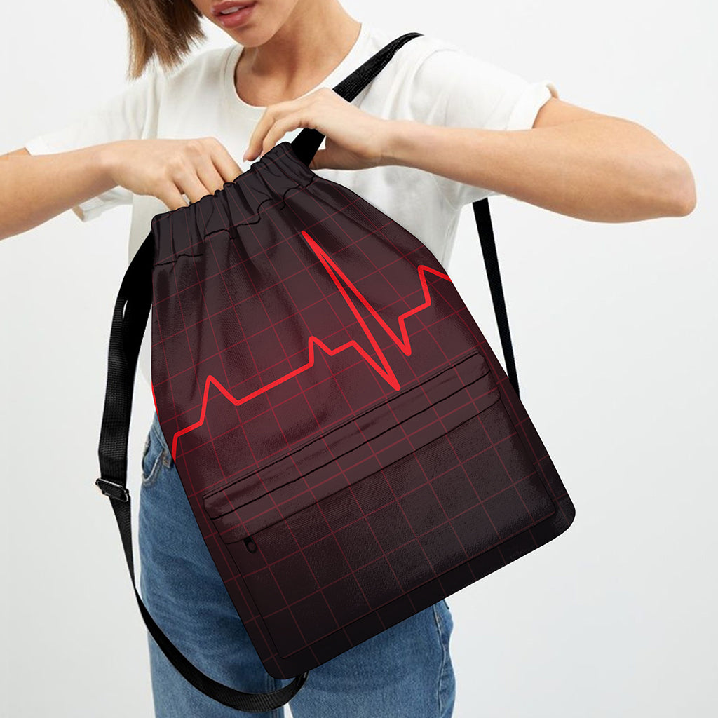 Red Heartbeat Print Drawstring Backpack