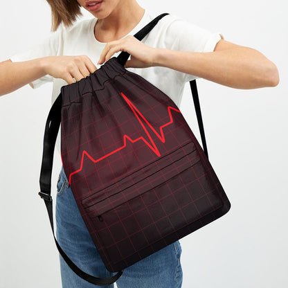 Red Heartbeat Print Drawstring Backpack