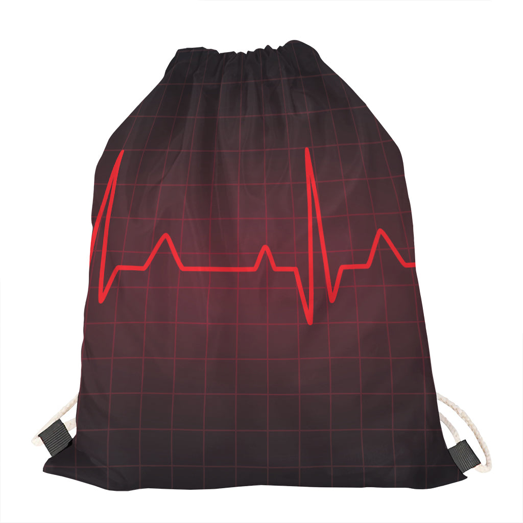 Red Heartbeat Print Drawstring Bag