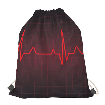 Red Heartbeat Print Drawstring Bag