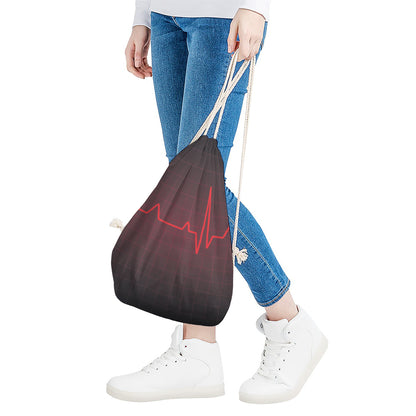Red Heartbeat Print Drawstring Bag