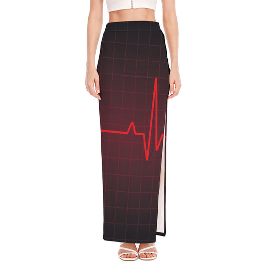 Red Heartbeat Print High Slit Maxi Skirt