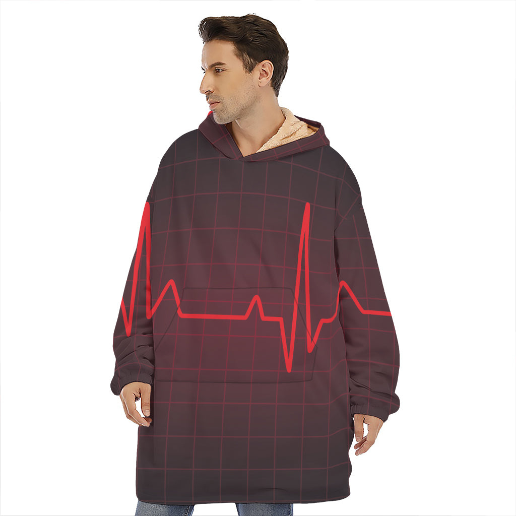 Red Heartbeat Print Hoodie Blanket