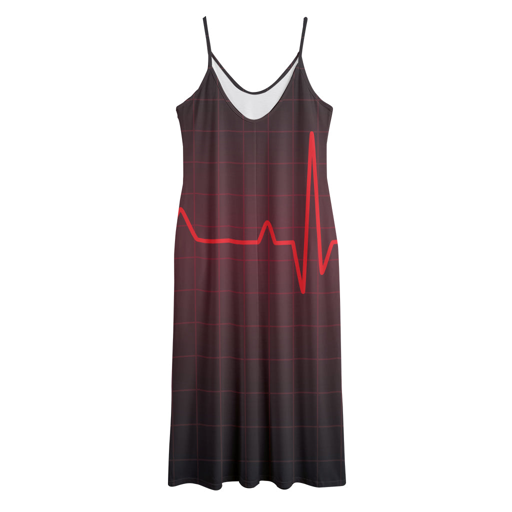Red Heartbeat Print Jersey Midi Cami Dress