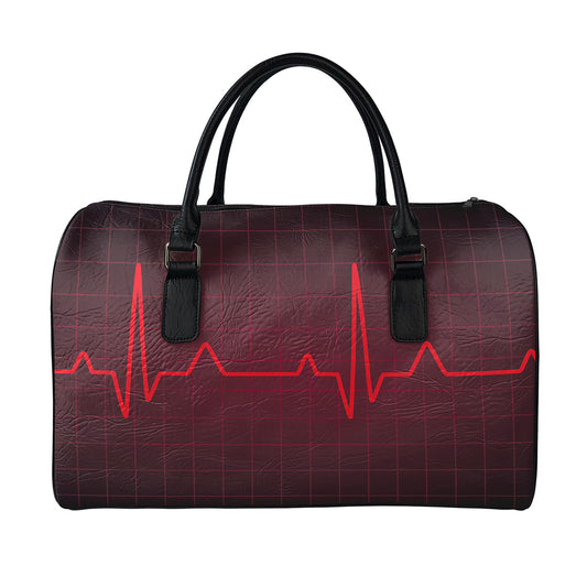 Red Heartbeat Print Leather Duffle Bag