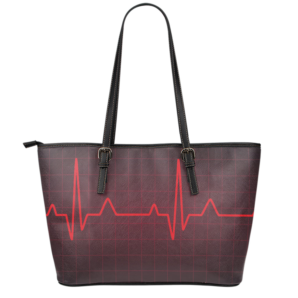 Red Heartbeat Print Leather Tote Bag