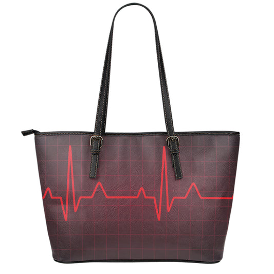 Red Heartbeat Print Leather Tote Bag