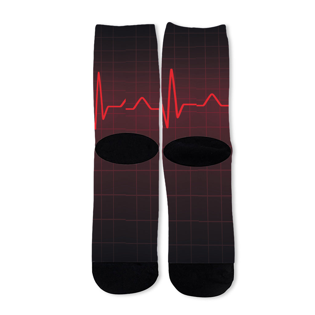 Red Heartbeat Print Long Socks