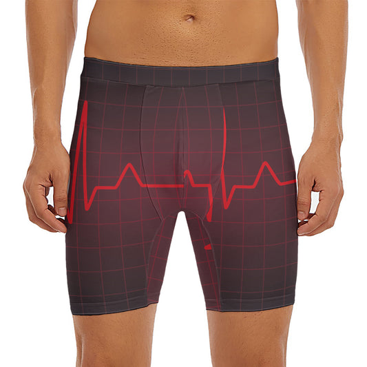 Red Heartbeat Print Men's Long Boxer Briefs