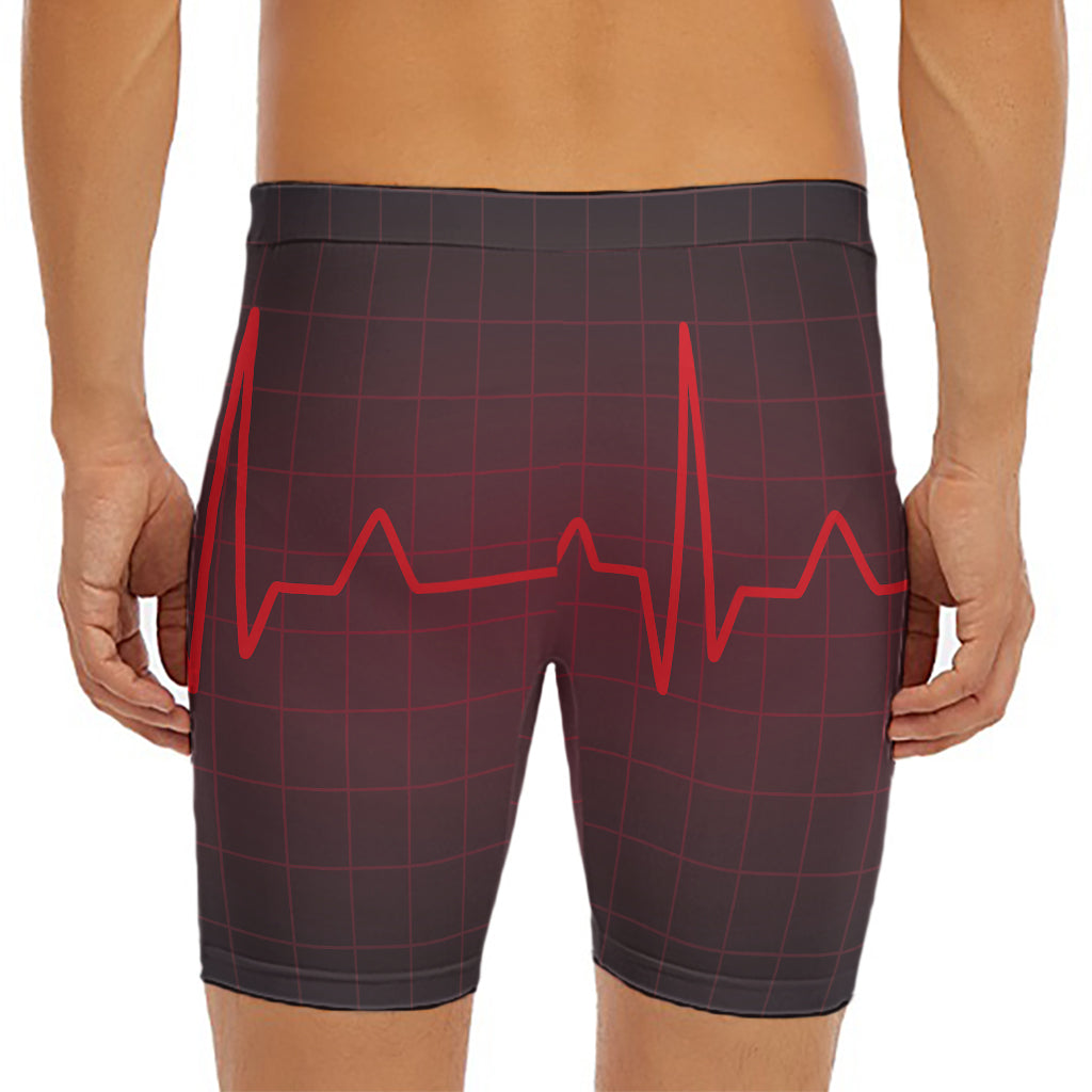 Red Heartbeat Print Men's Long Boxer Briefs