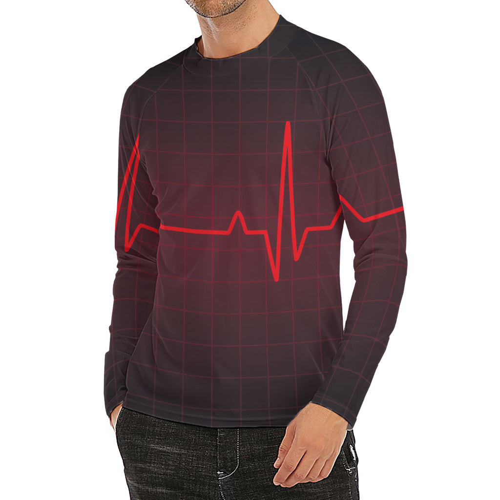 Red Heartbeat Print Men's Long Sleeve Rash Guard