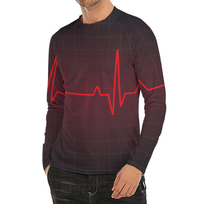 Red Heartbeat Print Men's Long Sleeve Rash Guard