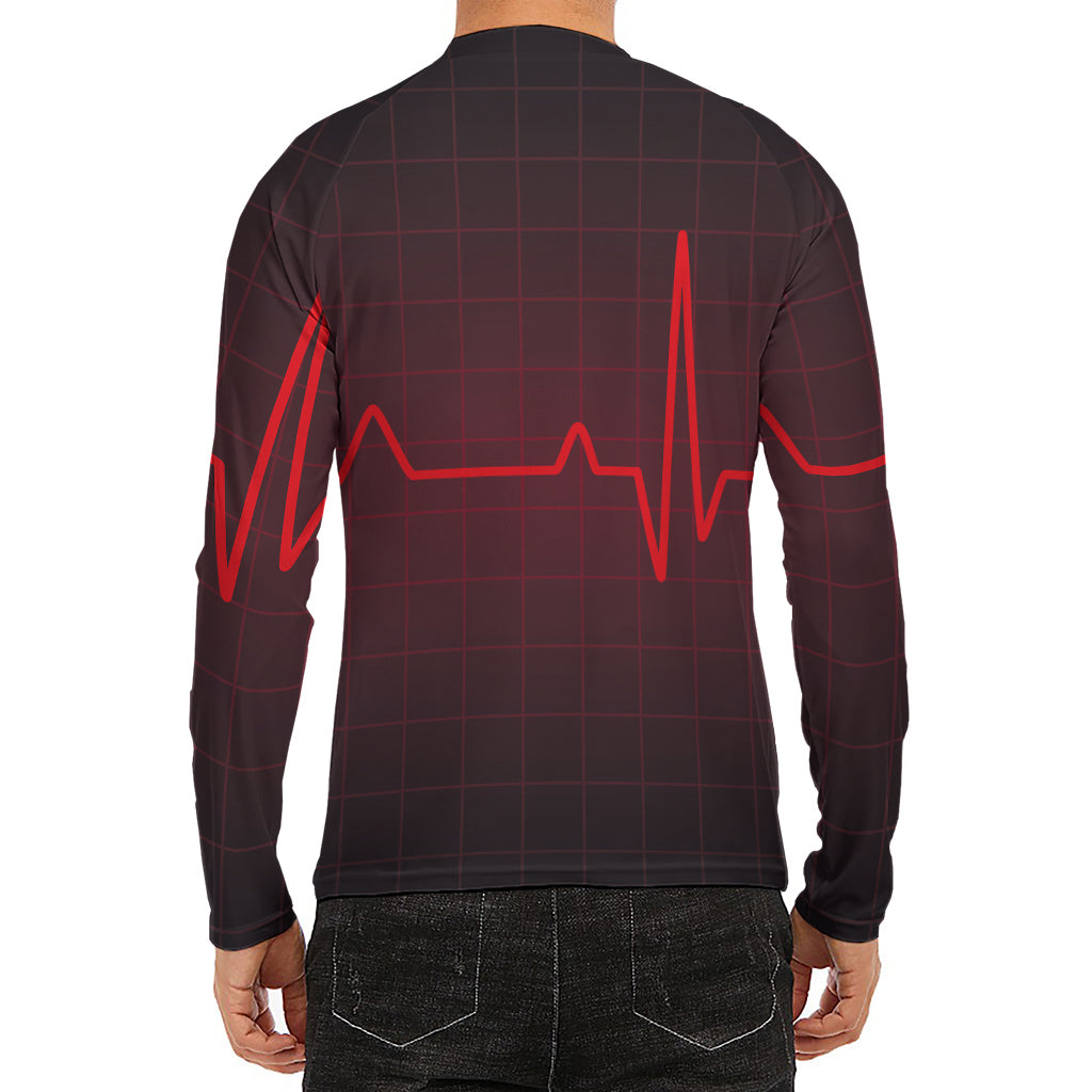 Red Heartbeat Print Men's Long Sleeve Rash Guard