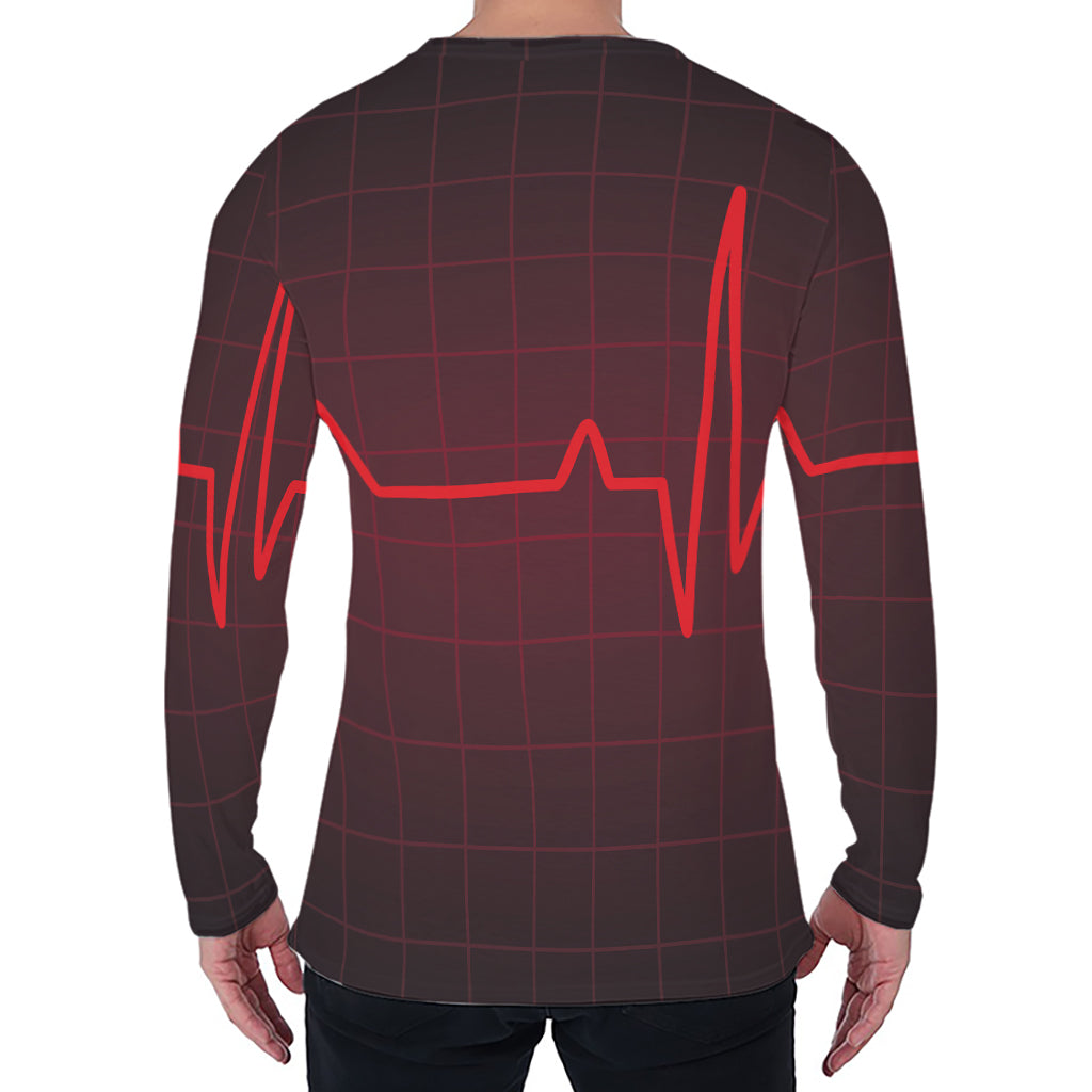 Red Heartbeat Print Men's Long Sleeve T-Shirt