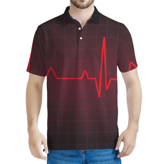 Red Heartbeat Print Men's Polo Shirt