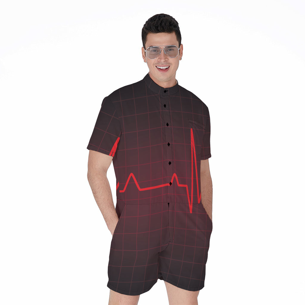 Red Heartbeat Print Men's Rompers