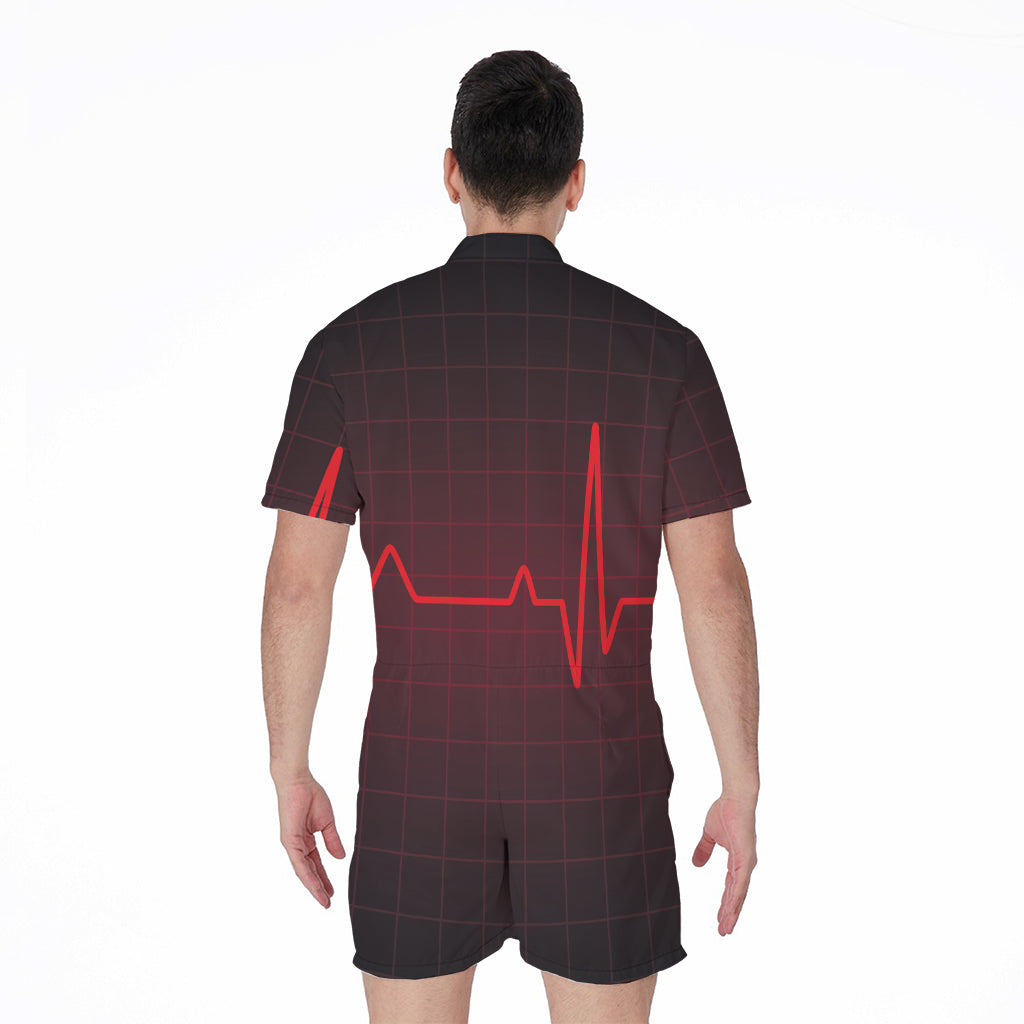 Red Heartbeat Print Men's Rompers
