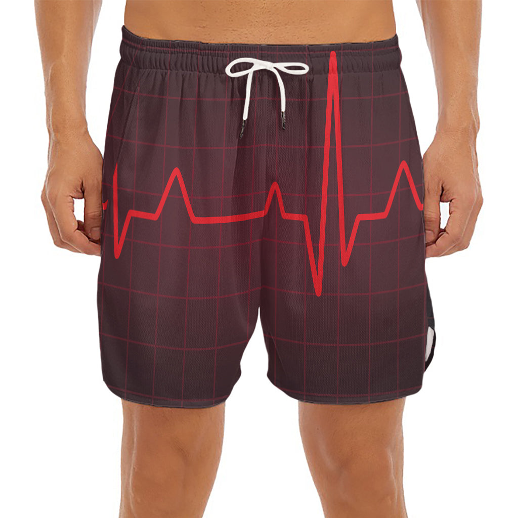 Red Heartbeat Print Men's Split Running Shorts