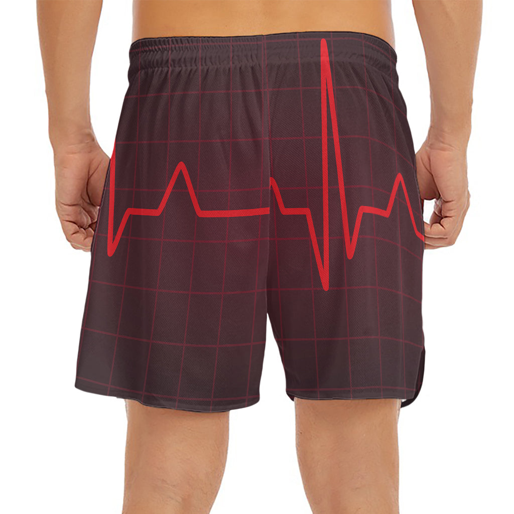 Red Heartbeat Print Men's Split Running Shorts