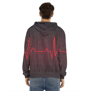 Red Heartbeat Print Men's Velvet Pullover Hoodie